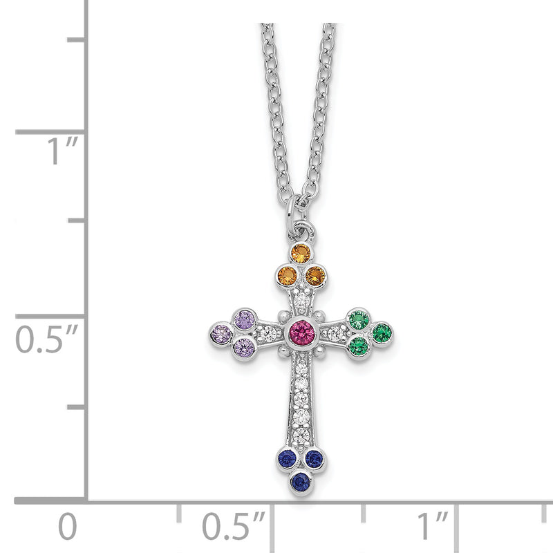 Sterling Silver Rhodium-plated Polished Multi-color CZ Cross Necklace