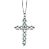 Sterling Silver Rhodium-plated CZ & Green Nano Crystal Cross 18in Necklace