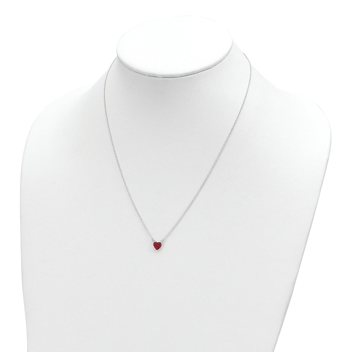 Sterling Silver 18.25in Rhodium-plated Polished Red Crystal Heart Necklace