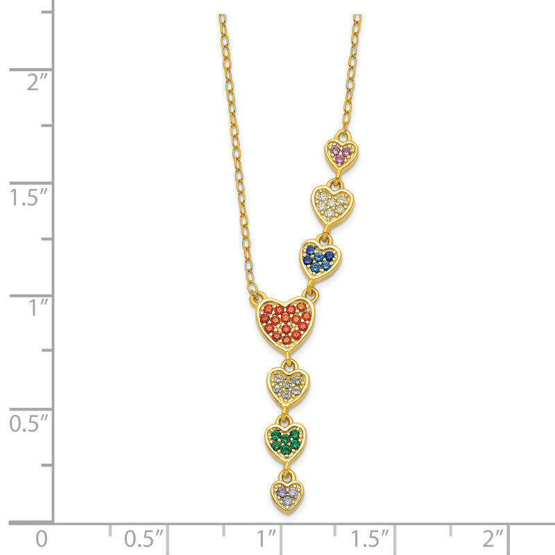 Sterling Silver Gold-tone Multicolor CZ Hearts 16.75 inch Necklace