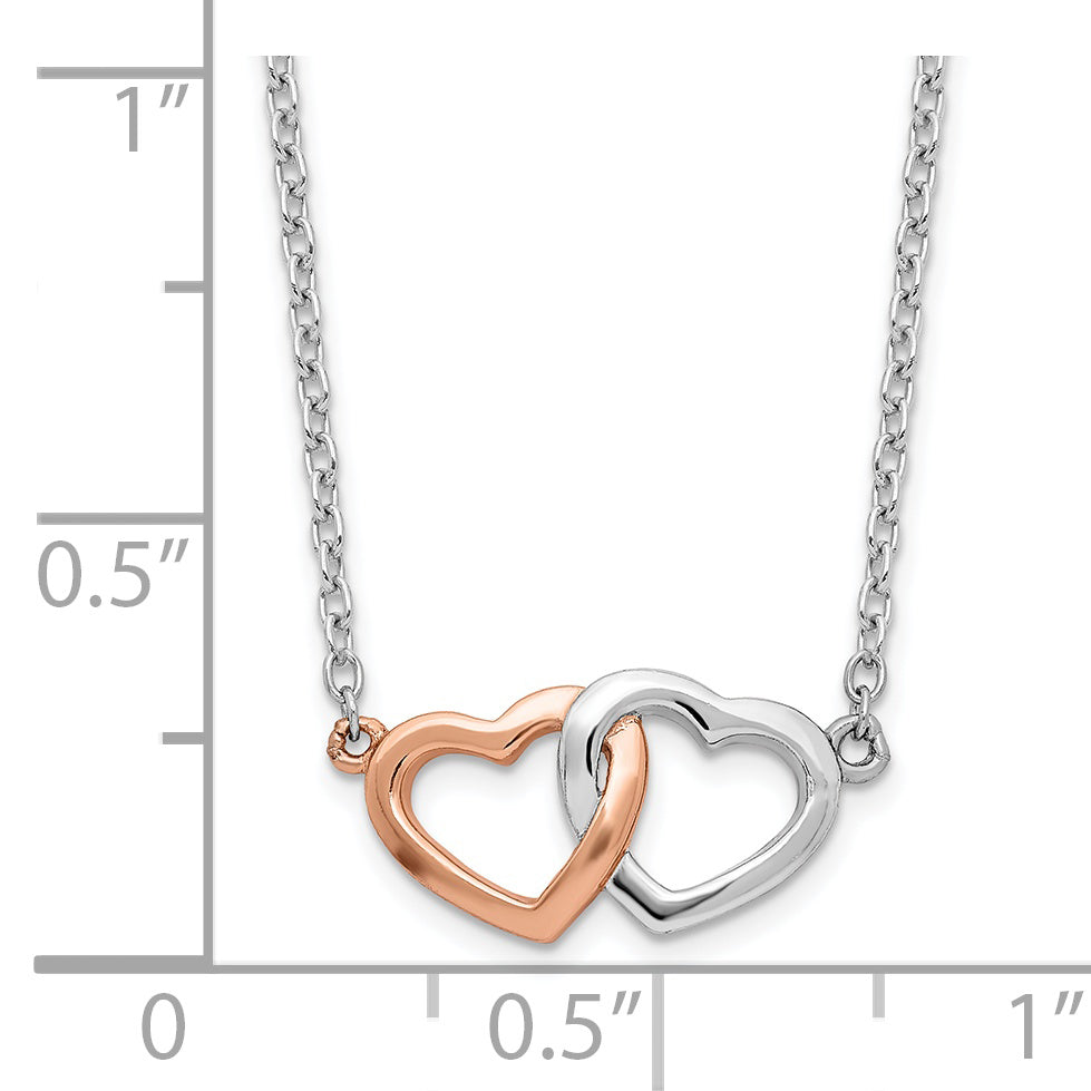 Sterling Silver Rhodium-plated Rose Tone Polished Hearts Necklace