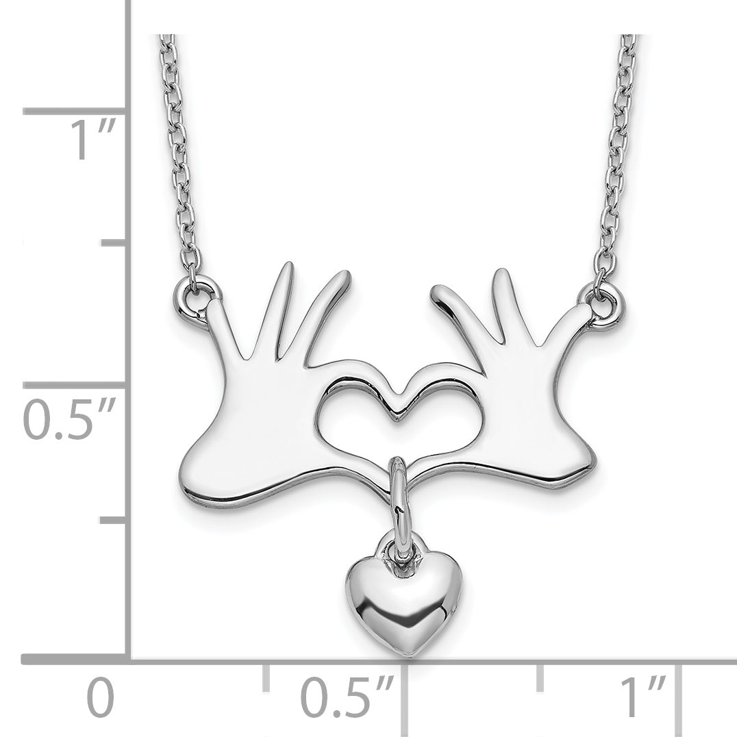 Sterling Silver Rhodium-plated Hands Heart w/Dangle Heart Necklace