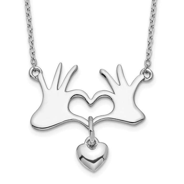 Sterling Silver Rhodium-plated Hands Heart w/Dangle Heart Necklace