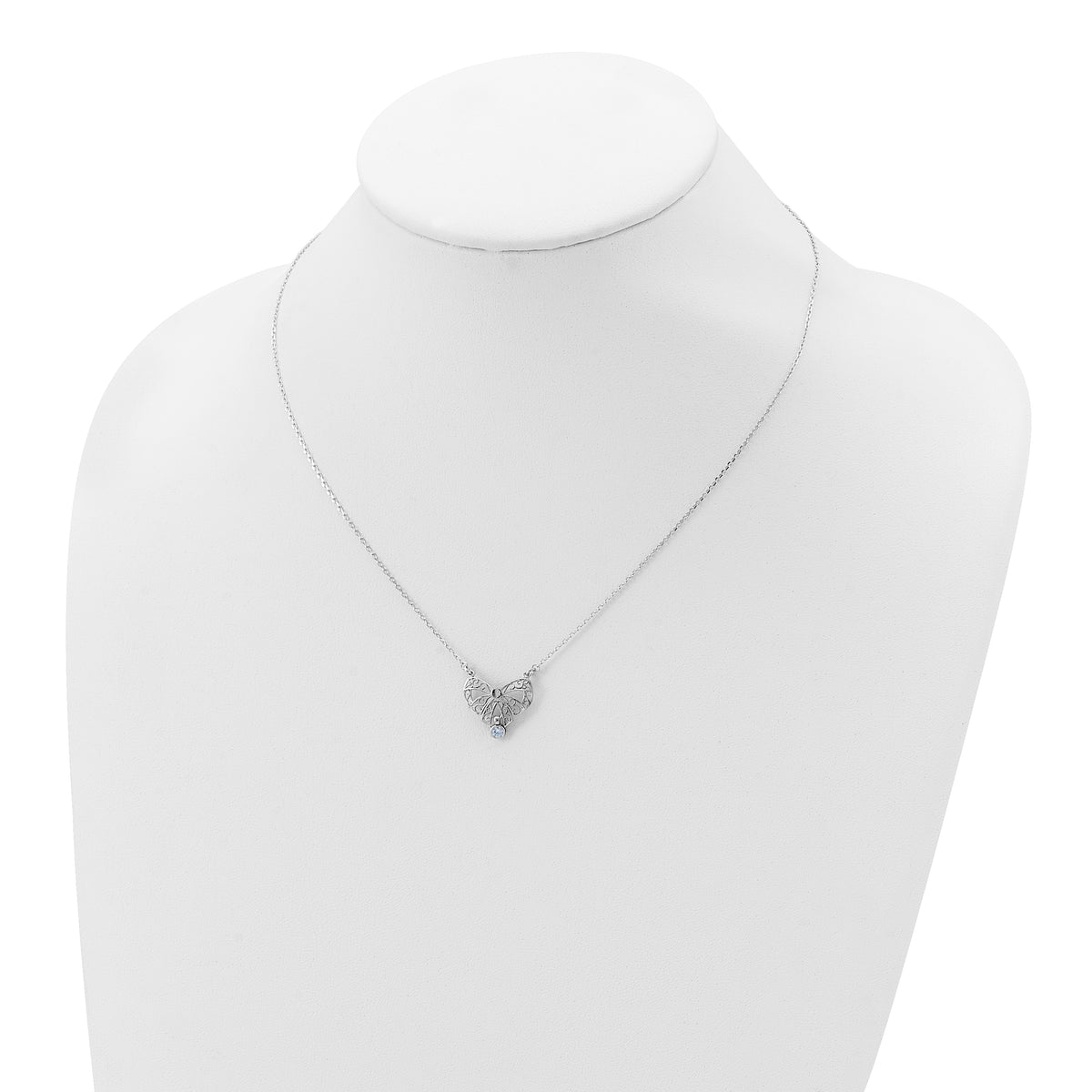 Sterling Silver Rhodium-plated Polished March Bow CZ Birthstone Necklace