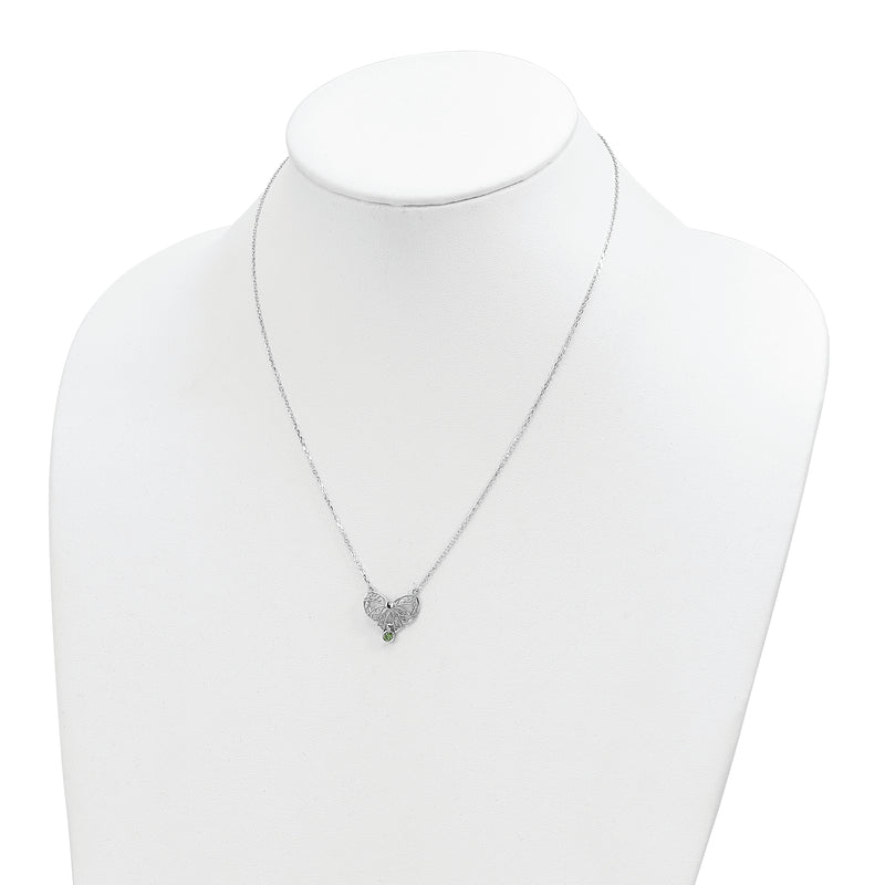 Sterling Silver Rhodium-plated Polished Aug. Bow CZ Birthstone Necklace