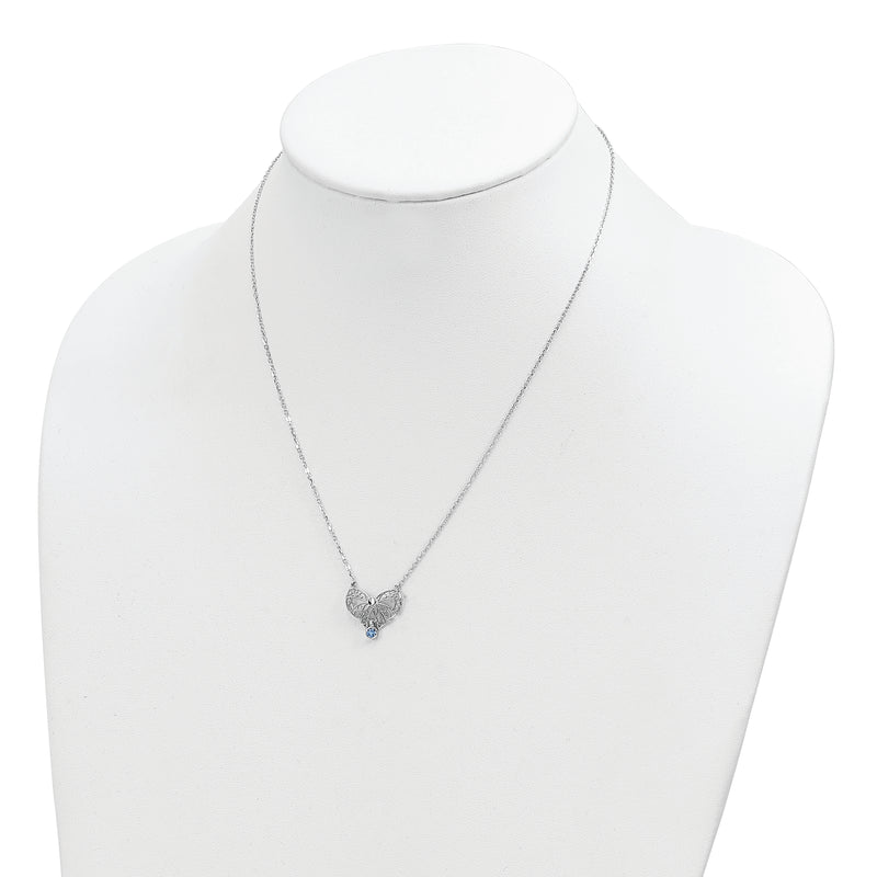 Sterling Silver Rhodium-plated Polished Sep. Bow CZ Birthstone Necklace