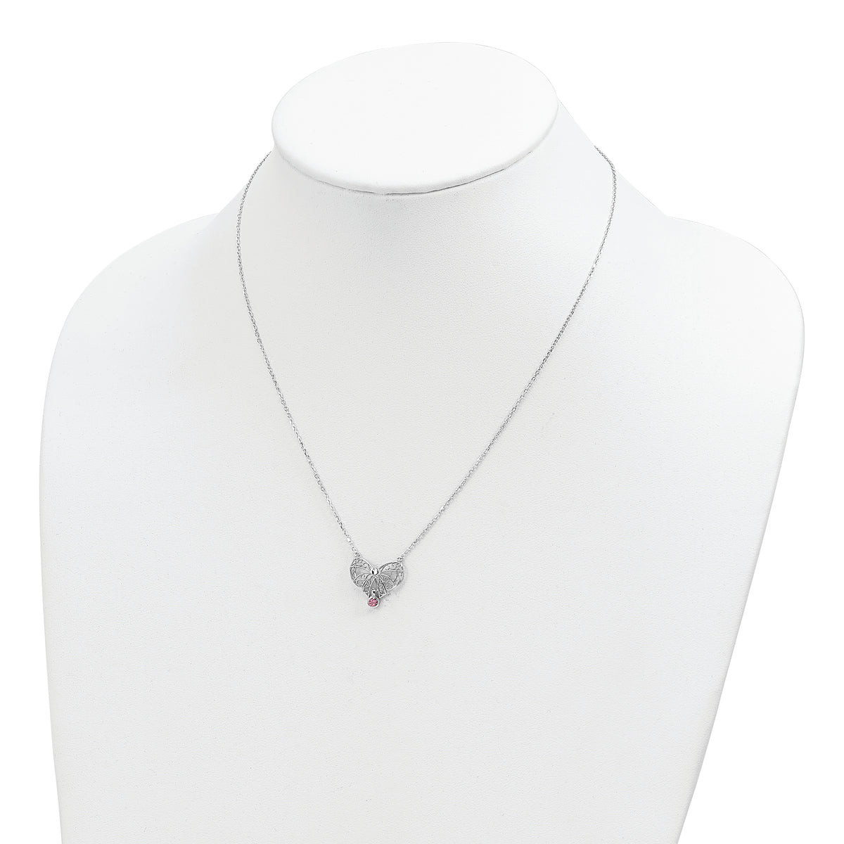 Sterling Silver Rhodium-plated Polished Oct. Bow CZ Birthstone Necklace