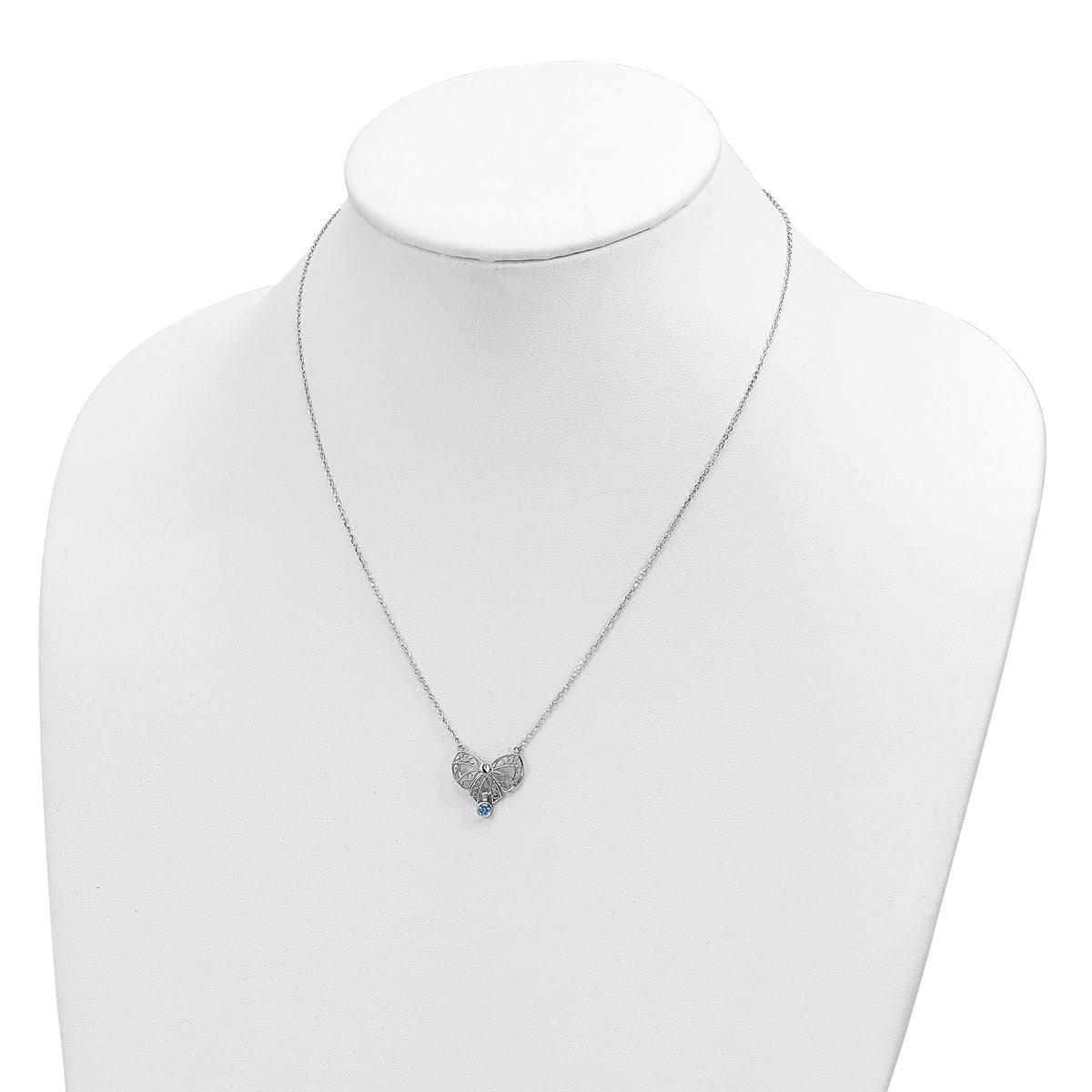 Sterling Silver Rhodium-plated Polished Dec. Bow CZ Birthstone Necklace