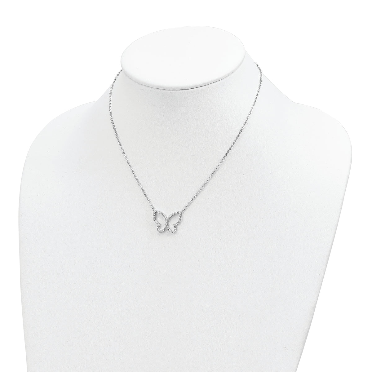 Sterling Silver Rhodium-plated Open Butterfly CZ w/2 in ext. Necklace