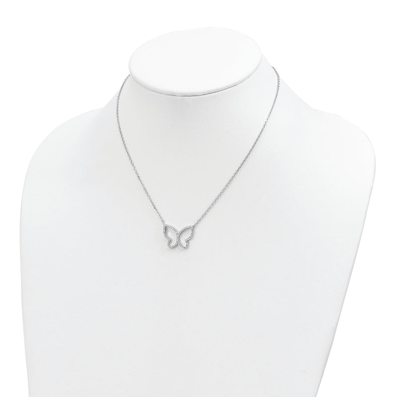 Sterling Silver Rhodium-plated Open Butterfly CZ w/2 in ext. Necklace