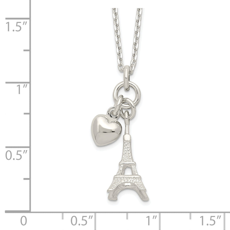 Sterling Silver Polished Eiffel Tower & Heart Necklace