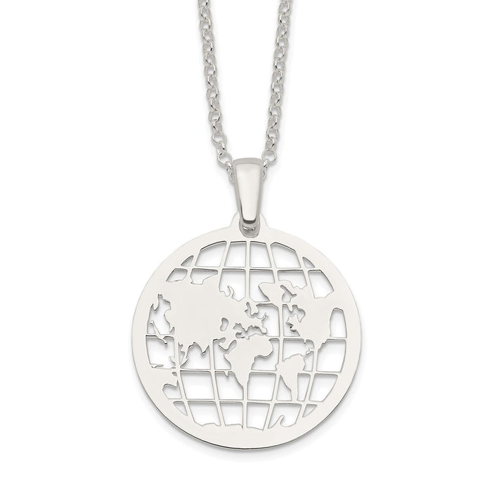 Sterling Silver Polished World 16in w/2 in ext. Necklace