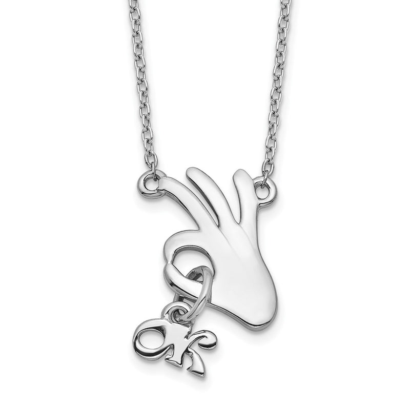 Sterling Silver Rhodium-plated Hand Gesture OK w/dangle OK Necklace