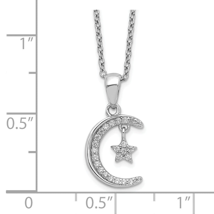 Sterling Silver Polished Rhodium-plated CZ Moon & Star 18in Necklace