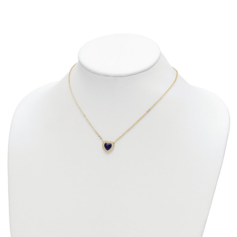 Sterling Silver Gold-tone CZ & Created Lapis Lazuli Heart w/2in ext Necklac