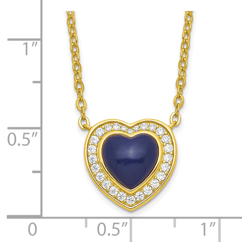 Sterling Silver Gold-tone CZ & Created Lapis Lazuli Heart w/2in ext Necklac