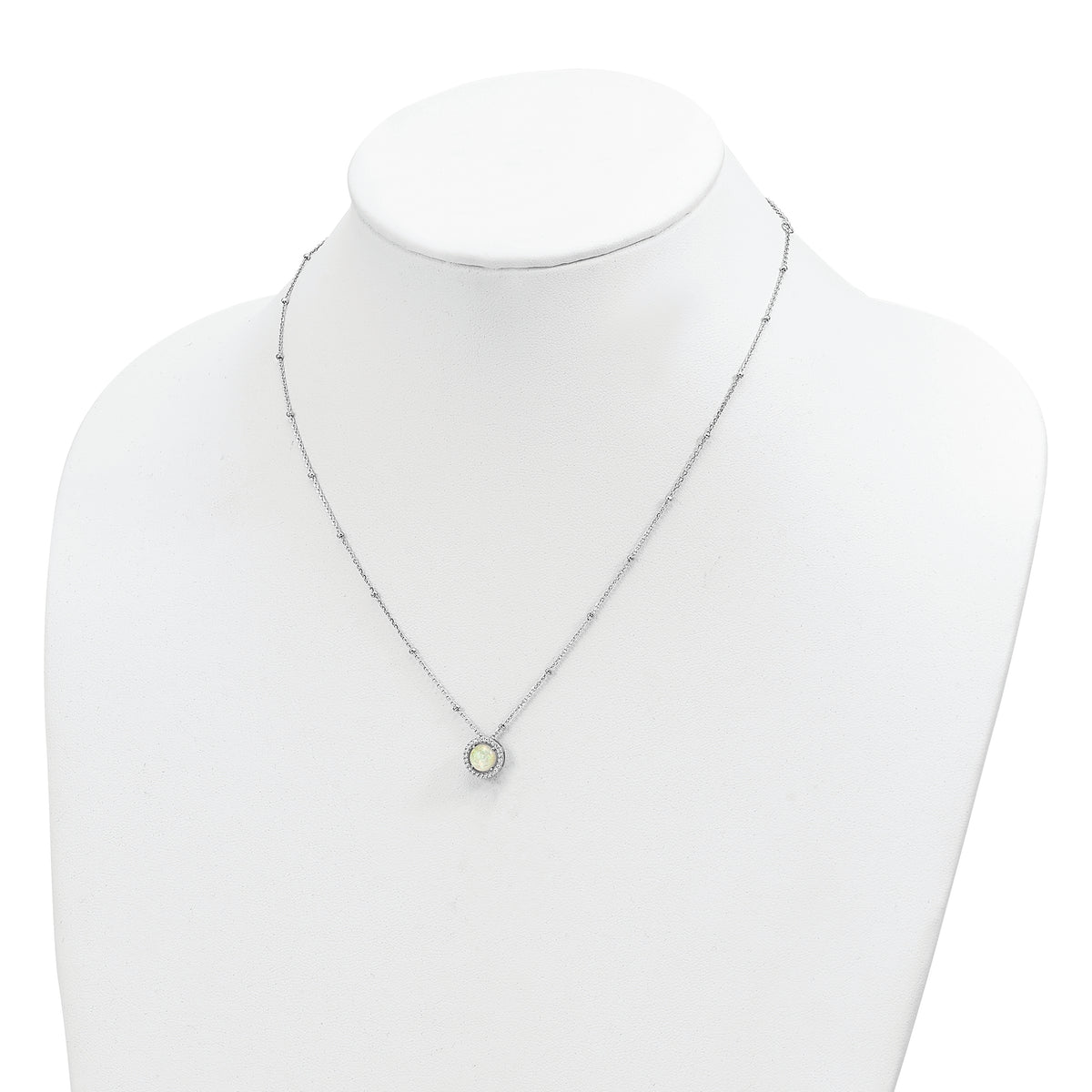 Sterling Silver RH-plated White Created Opal CZ Beaded w/2 in ext. Necklace