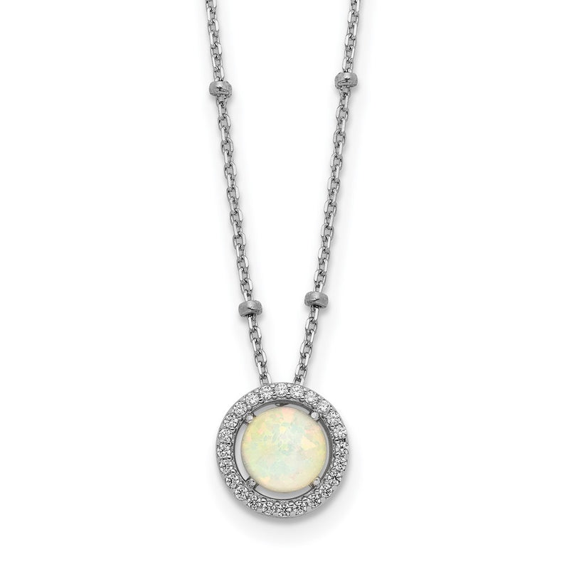 Sterling Silver RH-plated White Created Opal CZ Beaded w/2 in ext. Necklace