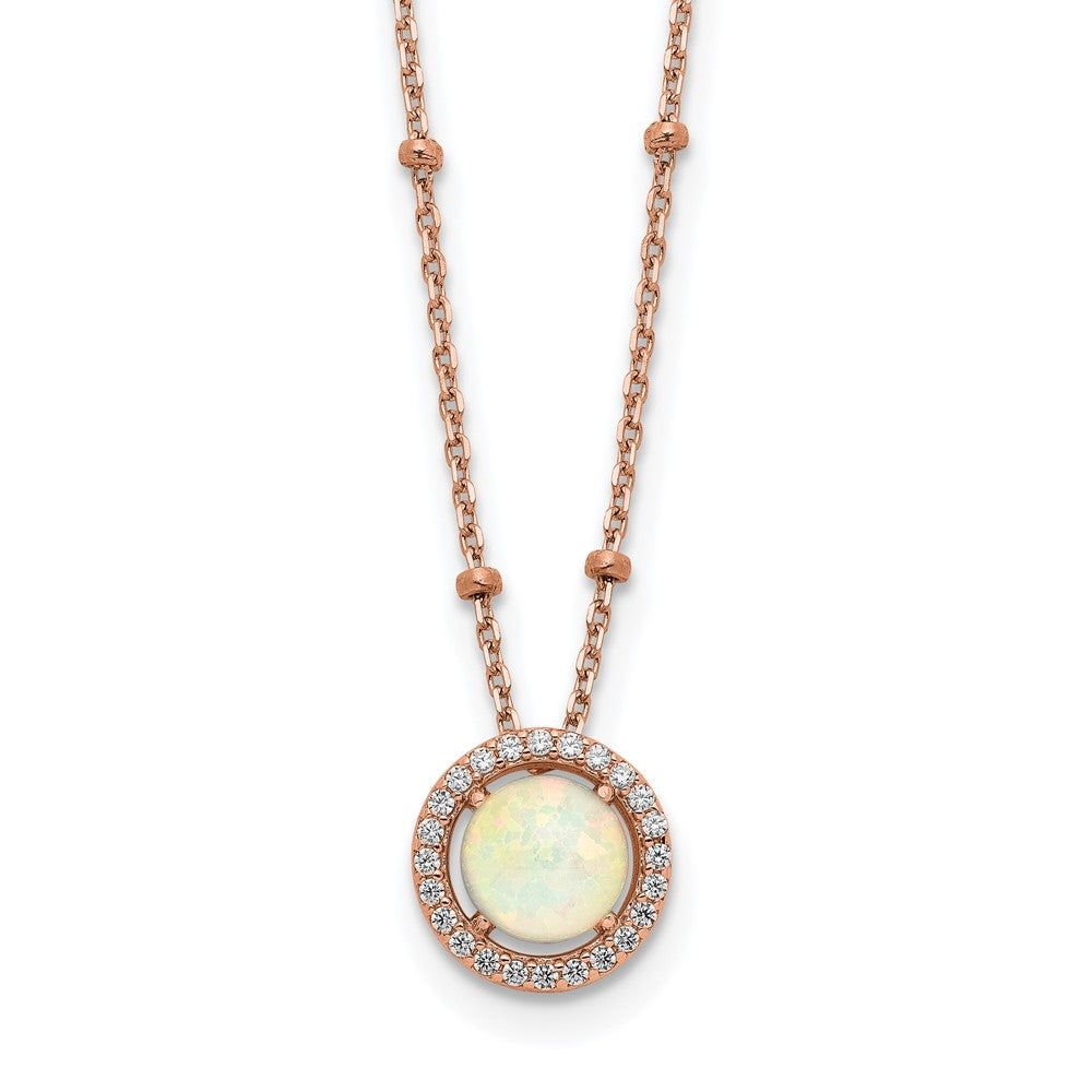 Sterling Silver Rose-tone White Created Opal CZ w/2 in ext. Necklace