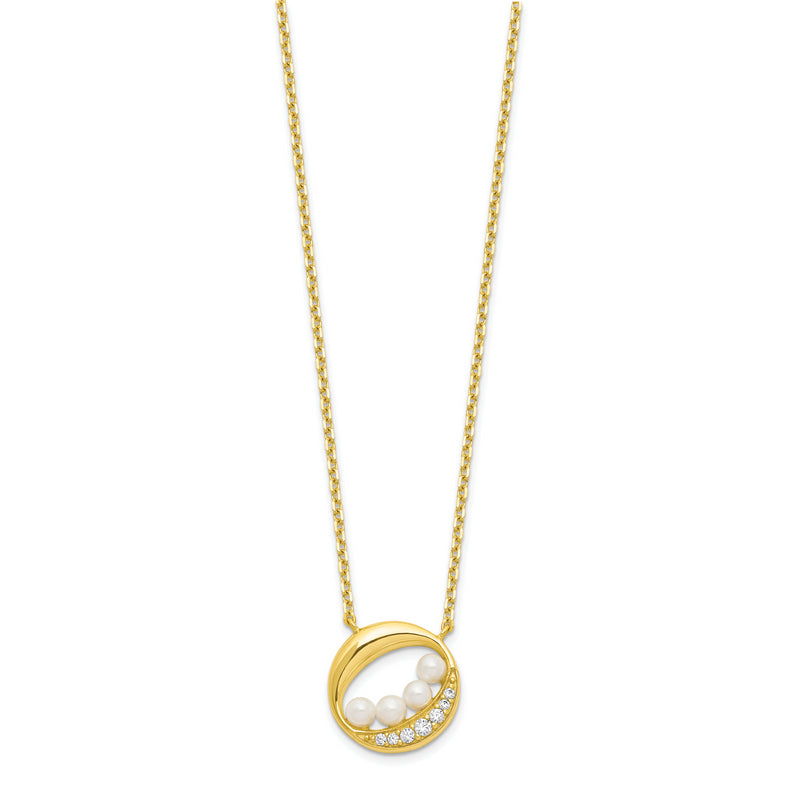 Sterling Silver Gold-tone CZ & Shell Pearl 2in ext Necklace