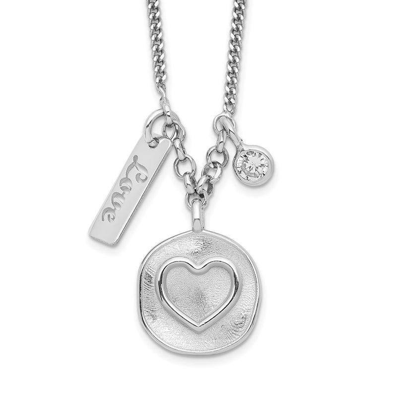 Sterling Silver Rhodium-plated Satin Heart/Love/CZ w/1.5in Ext Necklace