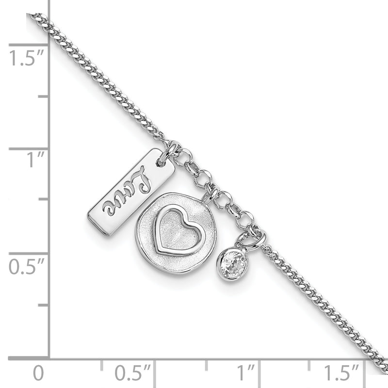 Sterling Silver Rhodium-plated Satin Heart Love CZ with .5in Ext Bracelet