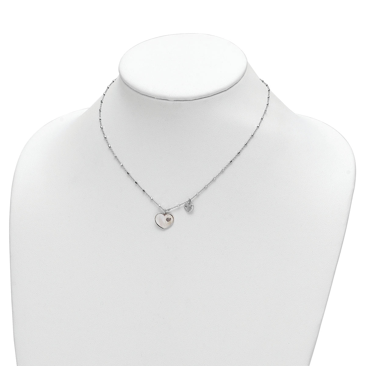 Sterling Silver Rhodium-plated Mother of Pearl Heart w/1 in Ext Necklace