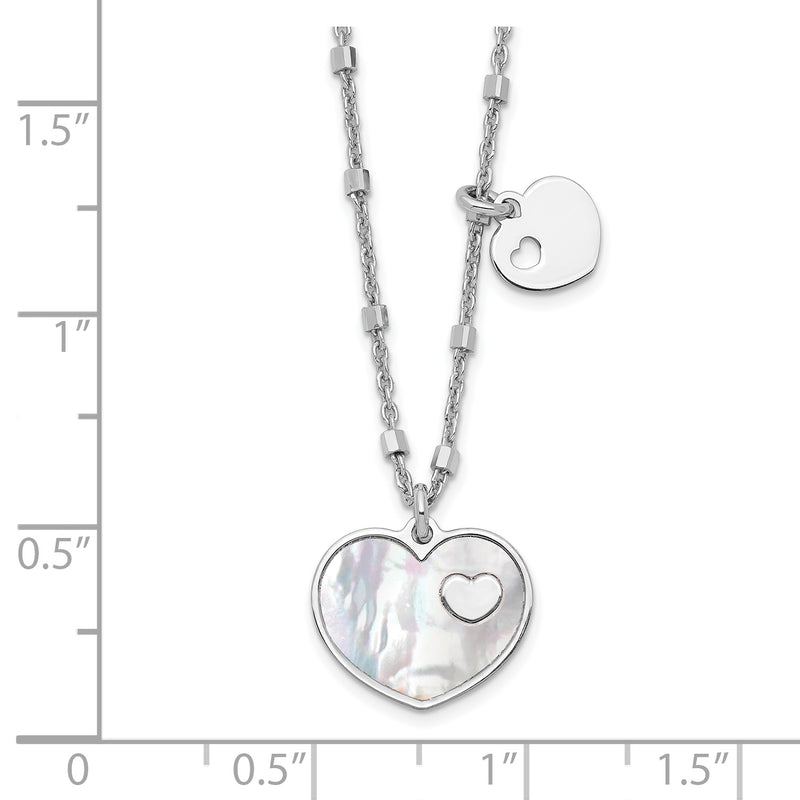 Sterling Silver Rhodium-plated Mother of Pearl Heart w/1 in Ext Necklace