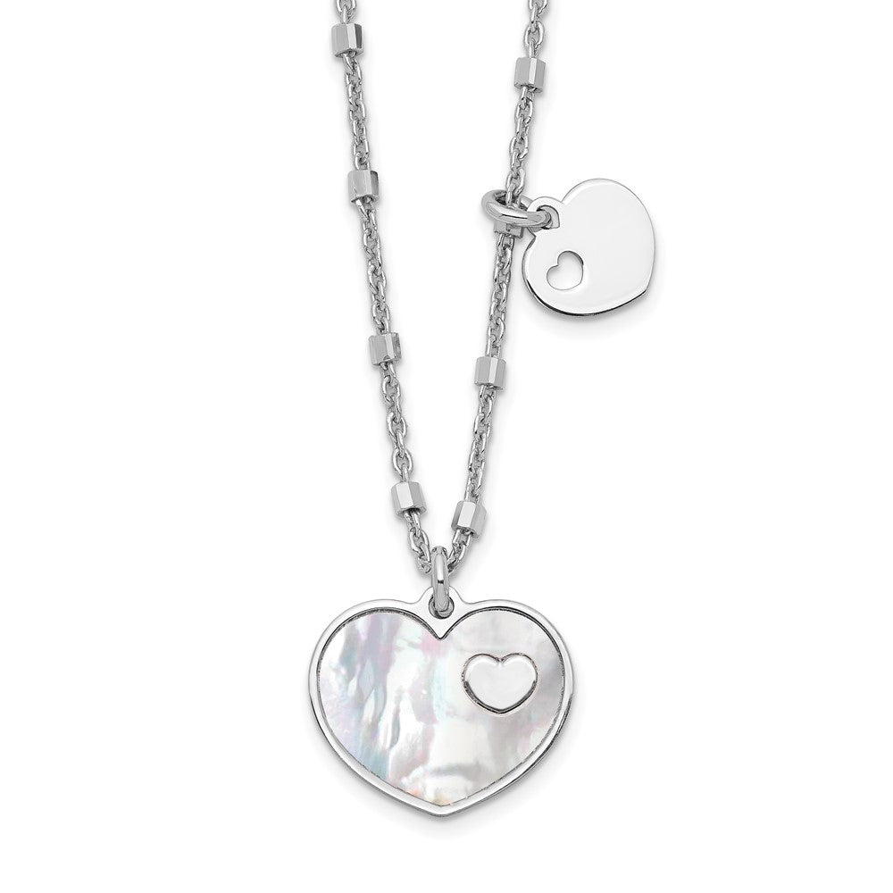 Sterling Silver Rhodium-plated Mother of Pearl Heart w/1 in Ext Necklace