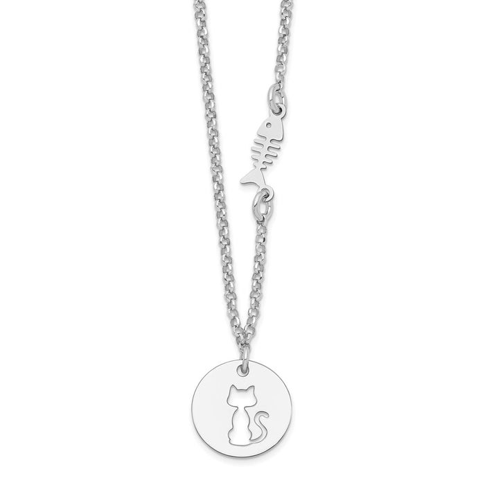 Sterling Silver Rhodium-plated Kitty and Fish w/1 in Ext Necklace