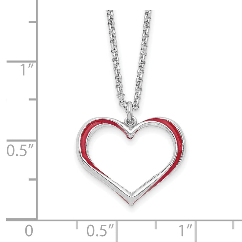 Sterling Silver Rhodium Plated Red Enamel Heart w/1 in Ext Necklace