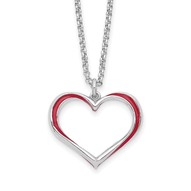 Sterling Silver Rhodium Plated Red Enamel Heart w/1 in Ext Necklace