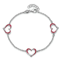 Sterling Silver Rhodium-plated Red Enamel 3-Heart w/.5 in Ext Bracelet