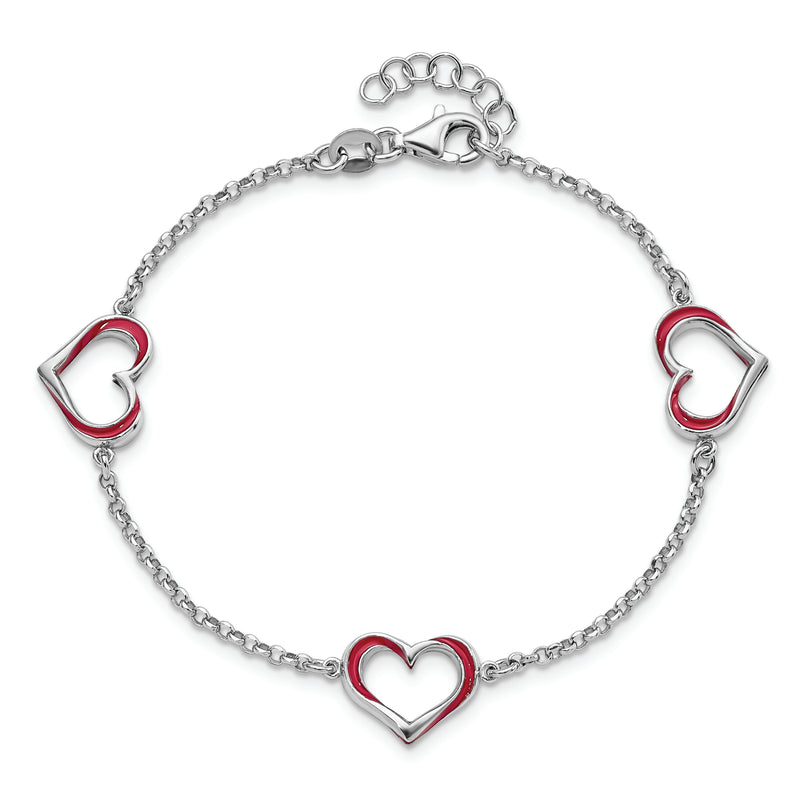 Sterling Silver Rhodium-plated Red Enamel 3-Heart w/.5 in Ext Bracelet