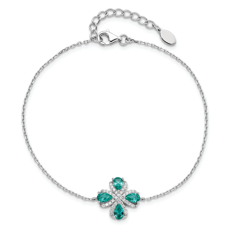 Sterling Silver Rhodium plated Teal & White CZ w/1IN EXT Bracelet