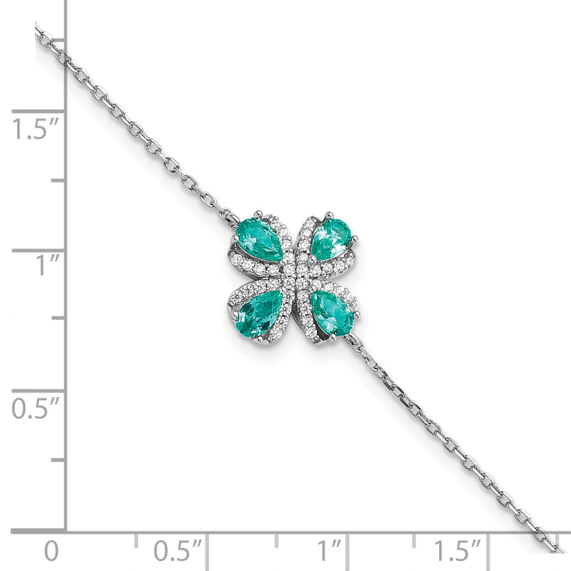 Sterling Silver Rhodium plated Teal & White CZ w/1IN EXT Bracelet