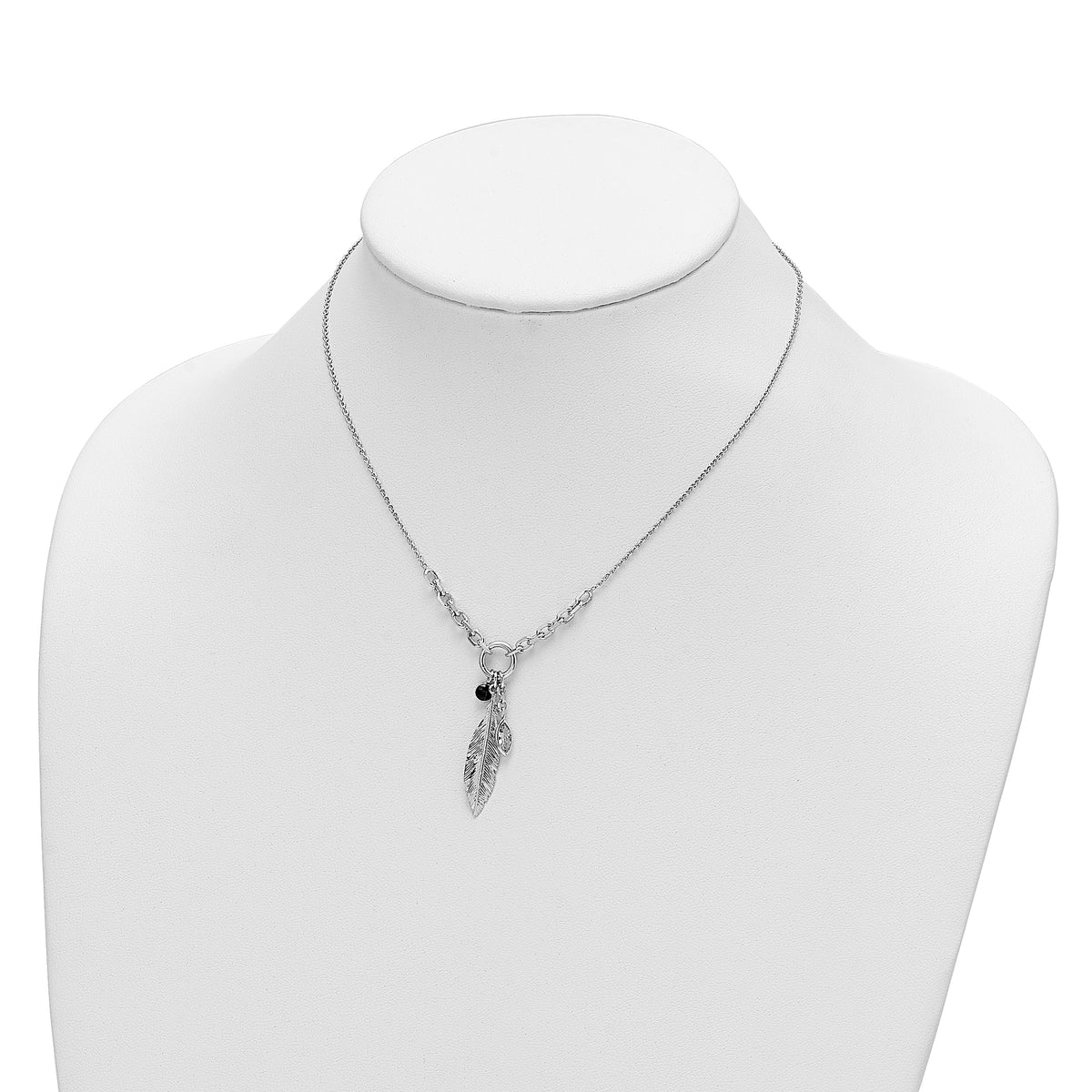 Sterling Silver Rhodium-plated Feather and CZ w/1 in Ext Necklace