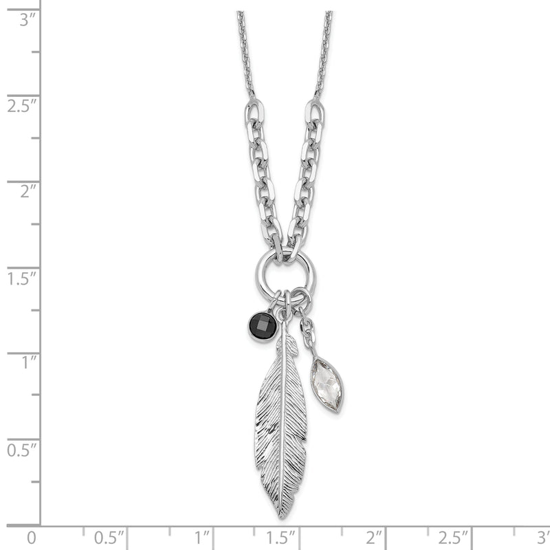 Sterling Silver Rhodium-plated Feather and CZ w/1 in Ext Necklace