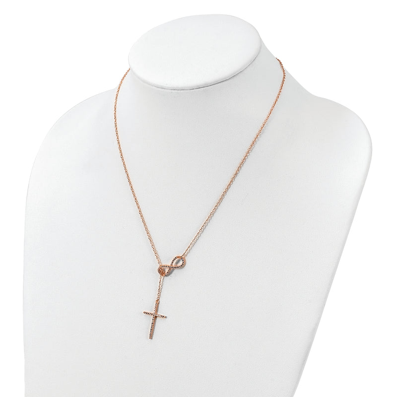 Sterling Silver Polished Rose-tone CZ Cross/Infinity Symbol 18in Necklace