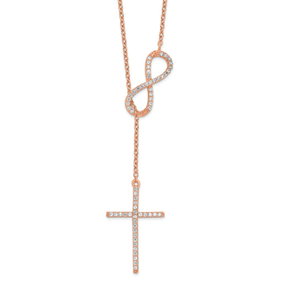 Sterling Silver Polished Rose-tone CZ Cross/Infinity Symbol 18in Necklace