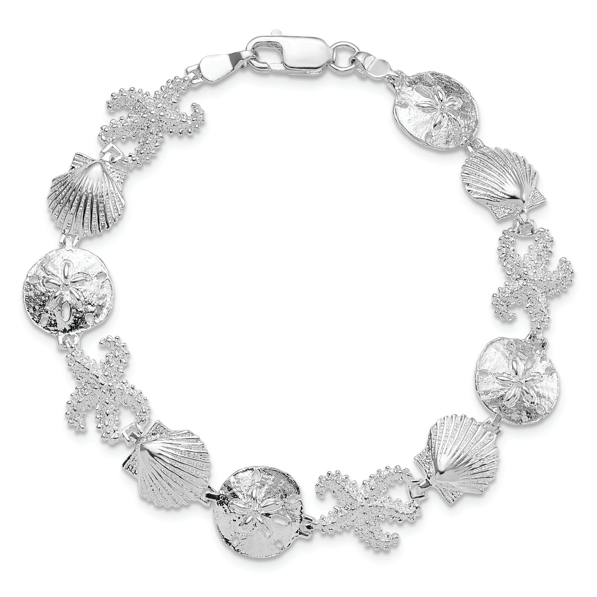 Sterling Silver Rhod-plated Polished Starfish,Shell,Sand Dollar Bracelet