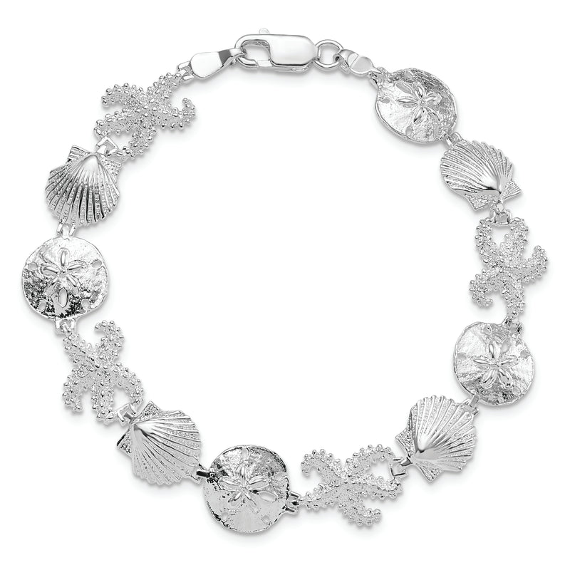 Sterling Silver Rhod-plated Polished Starfish,Shell,Sand Dollar Bracelet