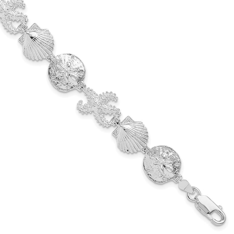 Sterling Silver Rhod-plated Polished Starfish,Shell,Sand Dollar Bracelet