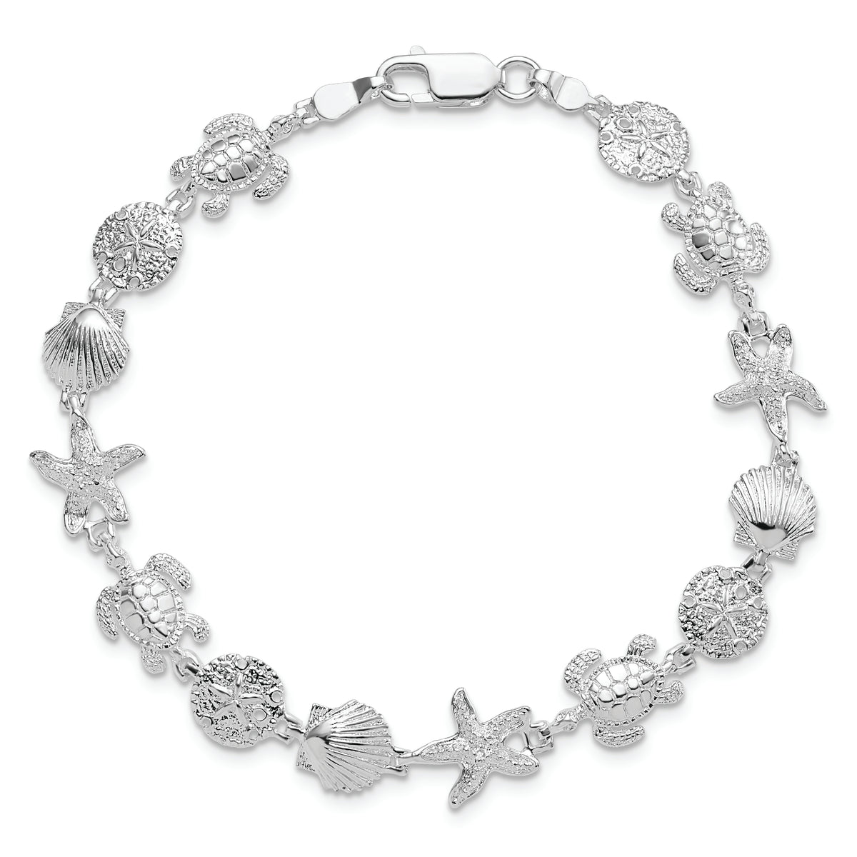 Sterling Silver Rhodium-plated Polished/Textured Sea Life Bracelet