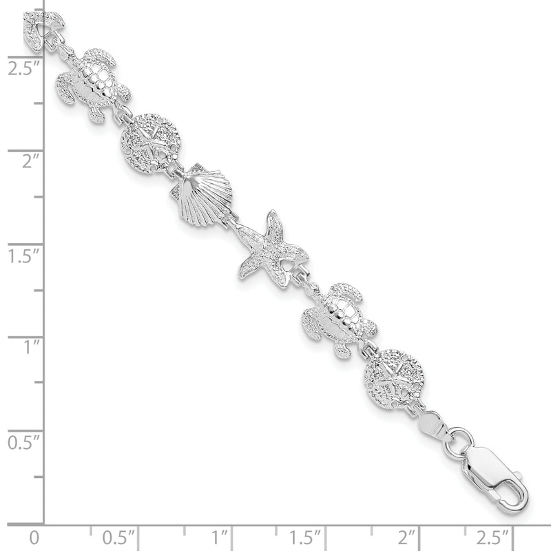 Sterling Silver Rhodium-plated Polished/Textured Sea Life Bracelet