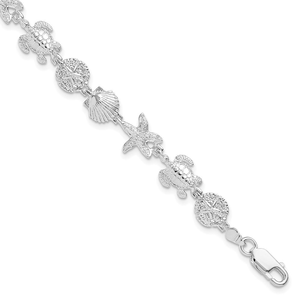 Sterling Silver Rhodium-plated Polished/Textured Sea Life Bracelet