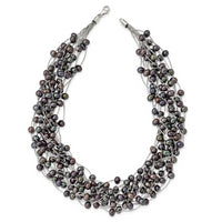 Sterling Silver Rhod-pl 5-7mm Black Semi-round FWC Pearl Multi-strand Neckl