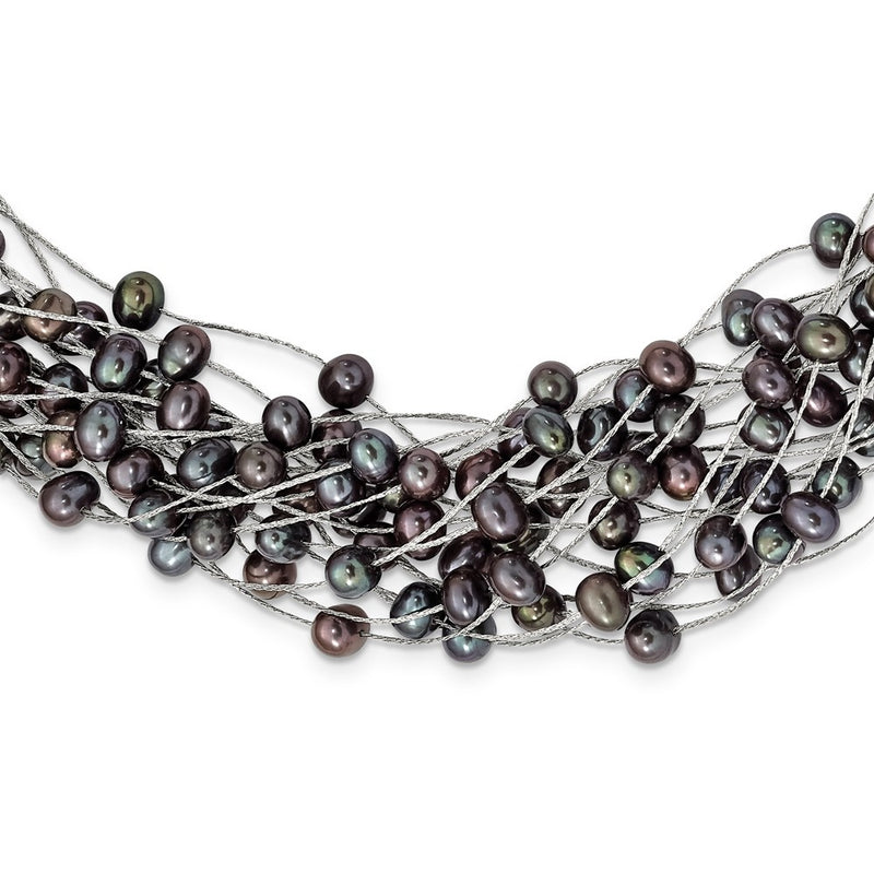 Sterling Silver Rhod-pl 5-7mm Black Semi-round FWC Pearl Multi-strand Neckl