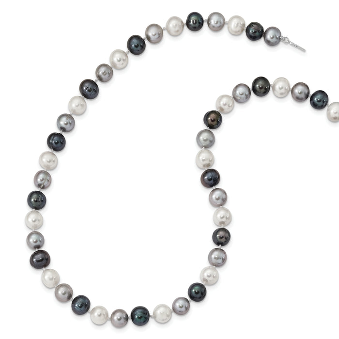 Sterling Silver Rh-pl 8-9mm Bk/Gr/WT Semi-round FWC Pearl Necklace