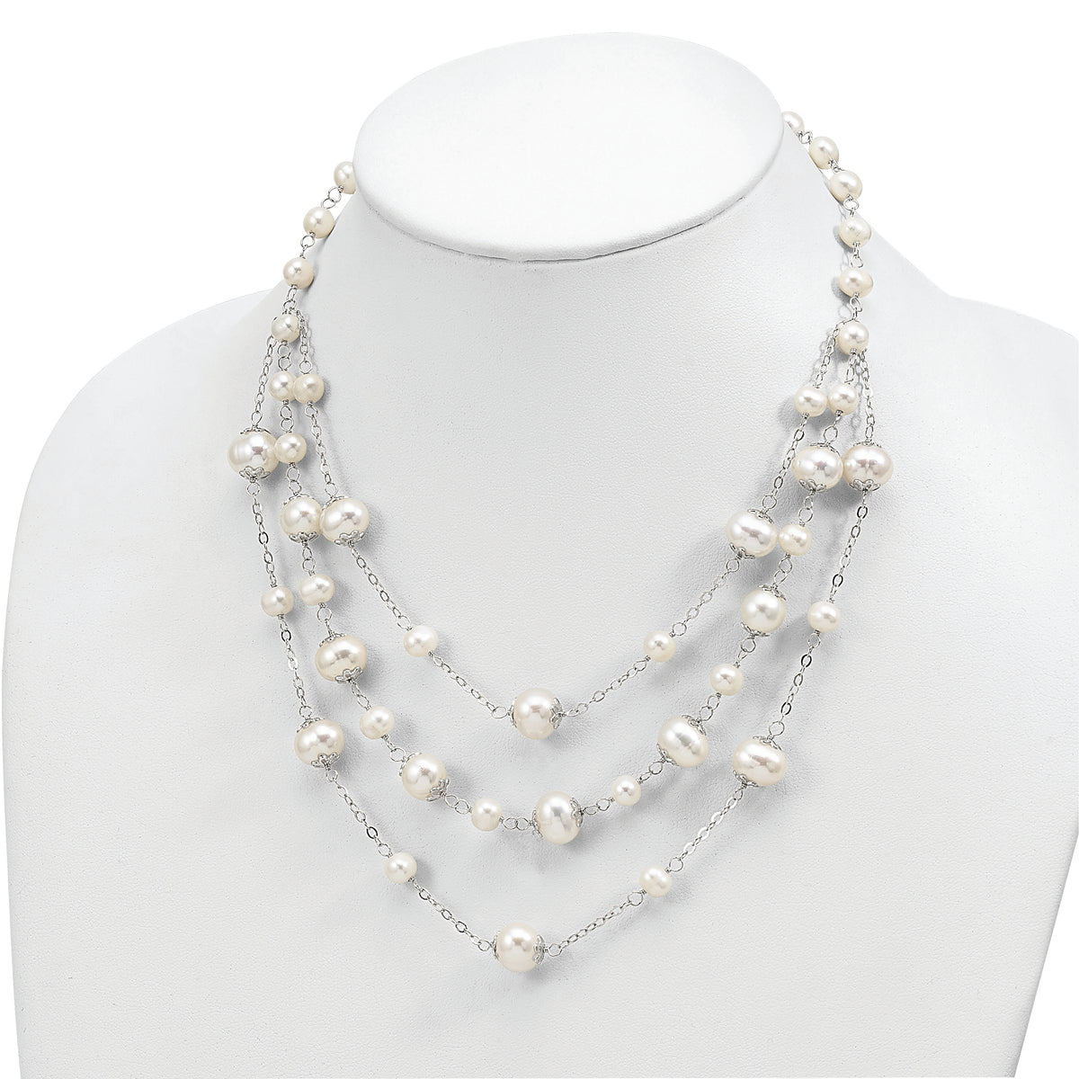 Sterling Silver Rh-p 7-11mm White FWC Pearl Multi-strand w/ 2in ext Necklac